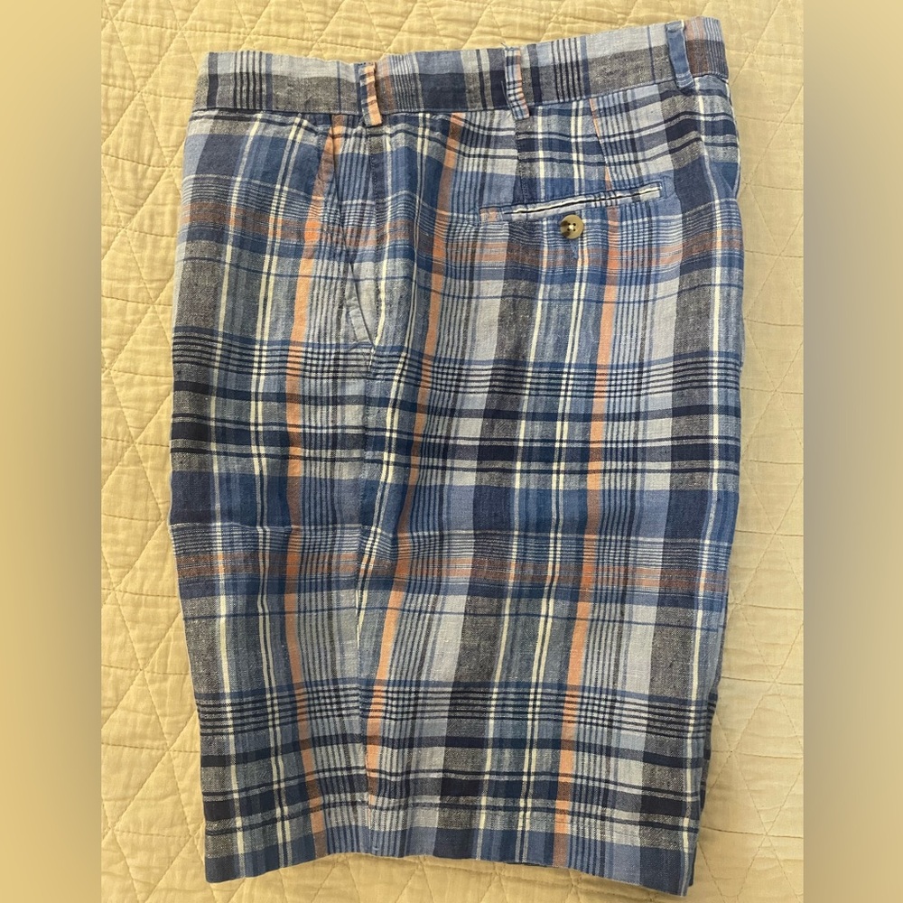 PETER MILLAR Flat Front Plaid Linen Madras Shorts in Blue (Multi) Size 38